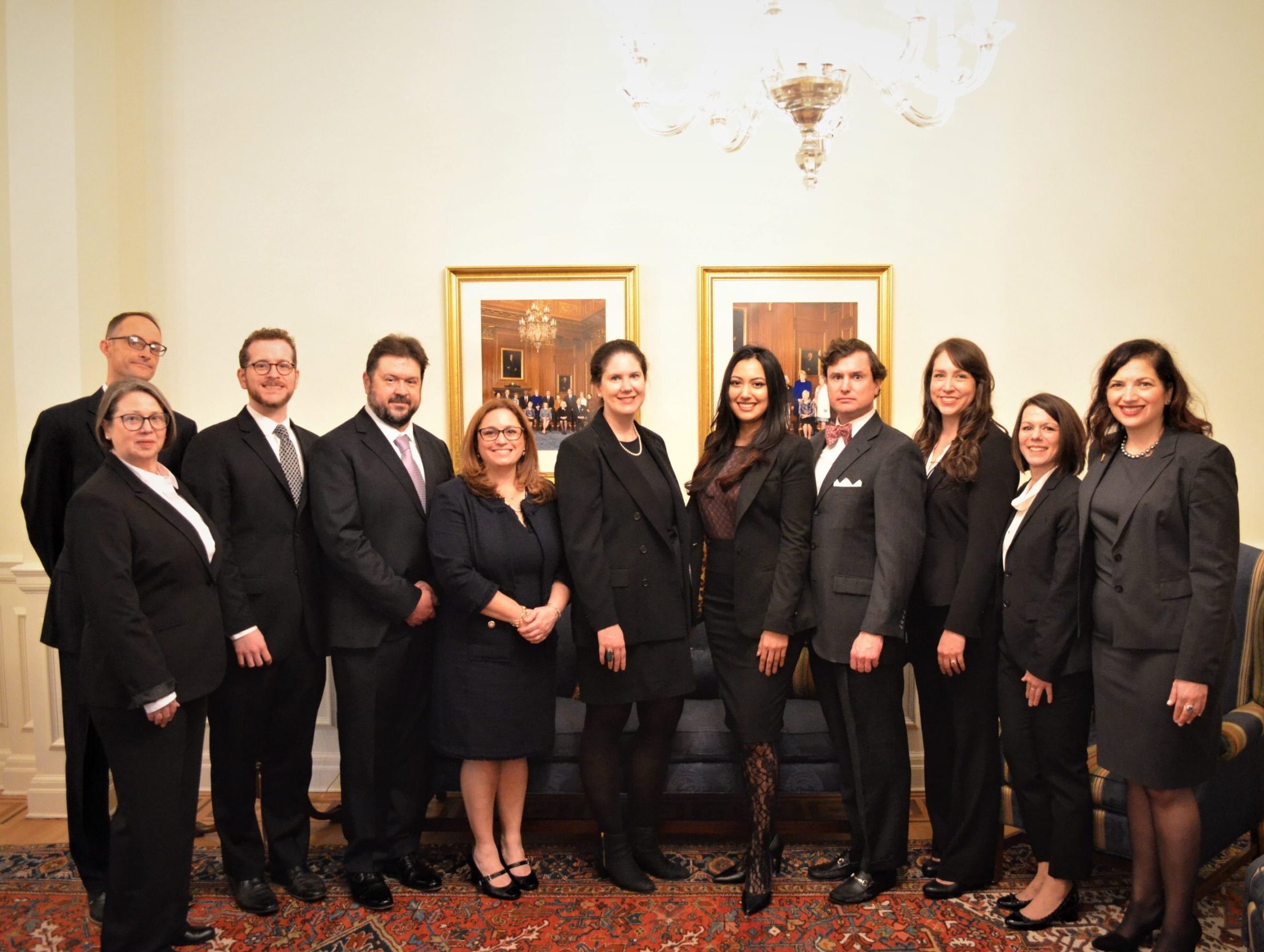 11 individuals stand in a line in a formal room, wearing business attire in black and grey colors.