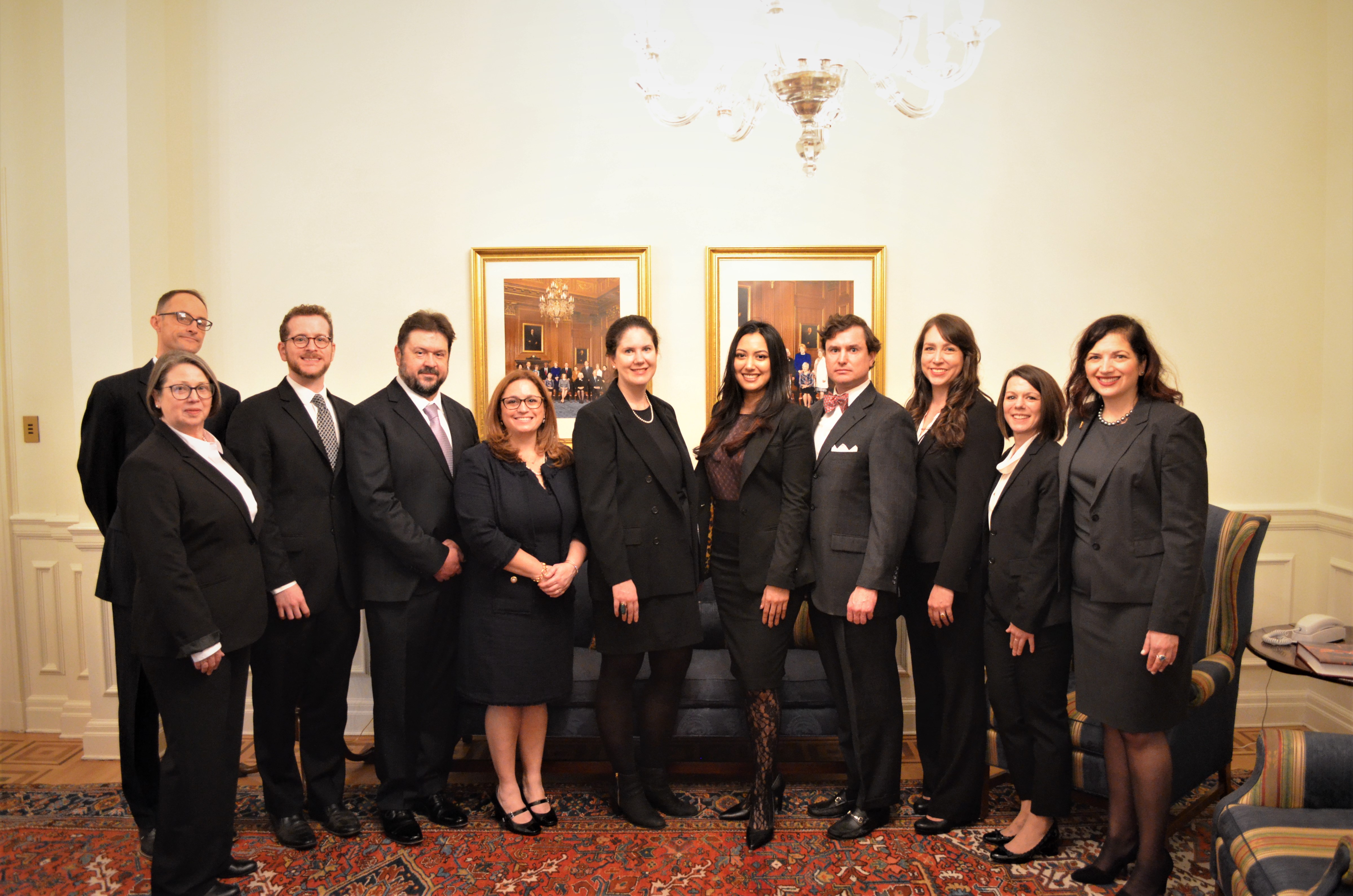 11 individuals stand in a line in a formal room, wearing business attire in black and grey colors.