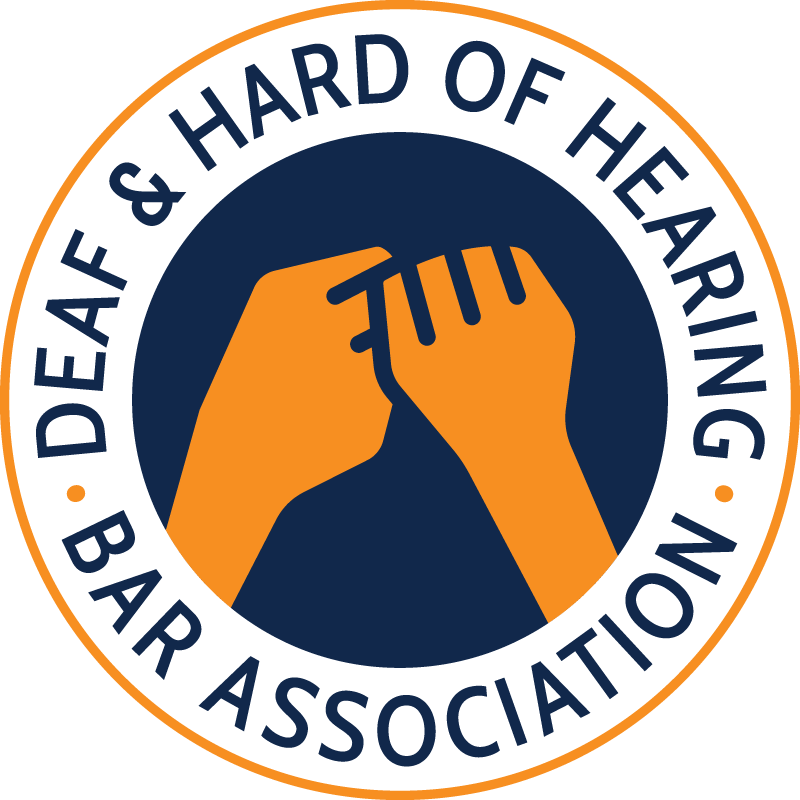 Round DHHBA logo with orange ASL sign for "advocacy" on navy blue background with the words "Deaf & Hard of Hearing Bar Association" spelled out in a circle around the ASL sign.