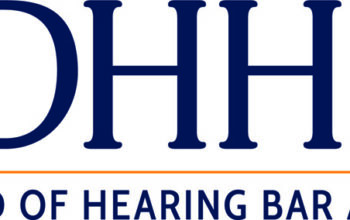 DHHBA logo in navy blue, orange, and white. It spells out "DHHBA" then "Deaf & Hard of Hearing Bar Association." It has a justice scale with the ASL sign for "advocacy" and "support" in the middle.