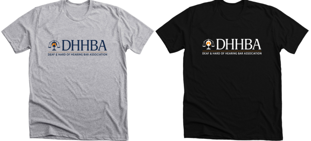 Two DHHBA t-shirts, side by side. One t-shirt is heather gray with the DHHBA logo in navy blue and orange. The other t-shirt is black with the DHHBA logo in white and orange.