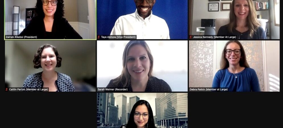 Zoom gallery view of all seven DHHBA board members of the Deaf and Hard of Hearing Association (DHHBA, deafbar.org). Top row from left to right is Zainab Alkebsi, President; Taye Akinola, Vice President; Jessica Kennedy, Board Member at Large. Second row is Caitlin Parton, Board Member at Large; Sarah Weimer, Recorder; Debra Patkin, Board Member at Large; and bottom row is Azeema Akram, Board Member at Large.