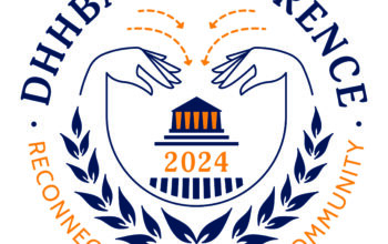 DHHBA Conference 2024 Logo that depicts the ASL sign for conference with a courthouse building in the middle. On the bottom is the theme: Reconnect. Advocacy. Community.