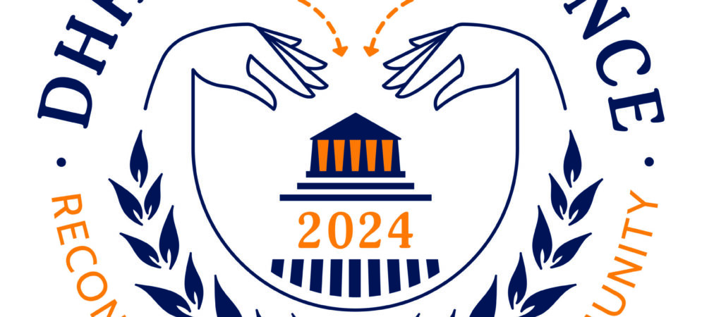 DHHBA Conference 2024 Logo that depicts the ASL sign for conference with a courthouse building in the middle. On the bottom is the theme: Reconnect. Advocacy. Community.